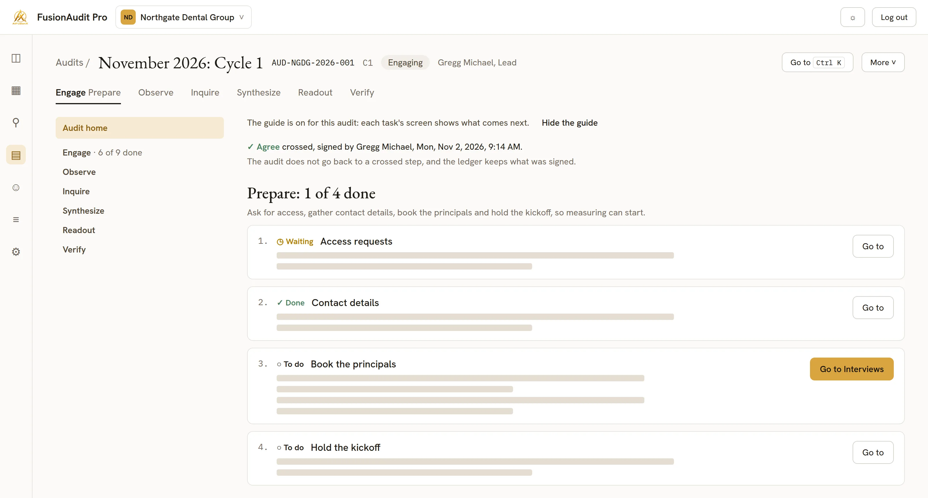The FusionAudit Pro workspace for a sample audit: stages from Engage to Verify, a signed ledger entry, and preparation tasks with their status. Task details are withheld.
